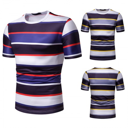 New Summer Men's Short-Sleeved T-Shirt Contrast Striped Slim Casual T-Shirt